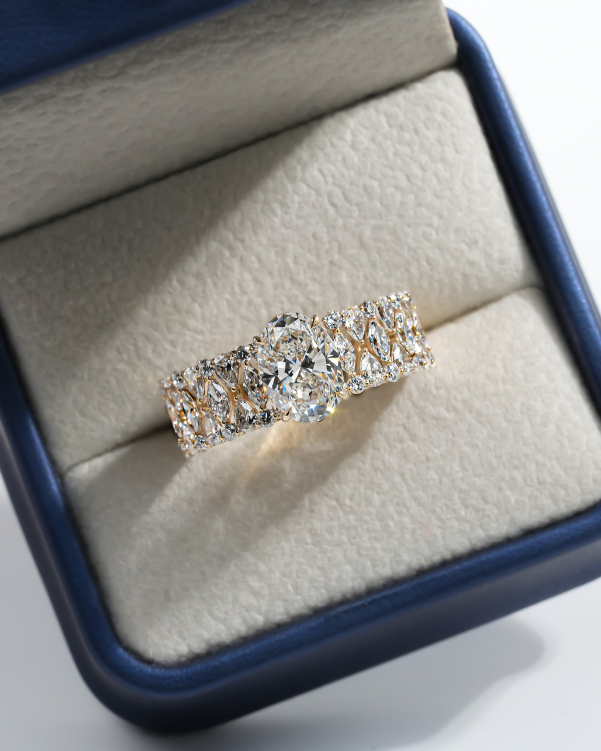 Oval cluster lab grown diamond ring in an open Ronora ring box