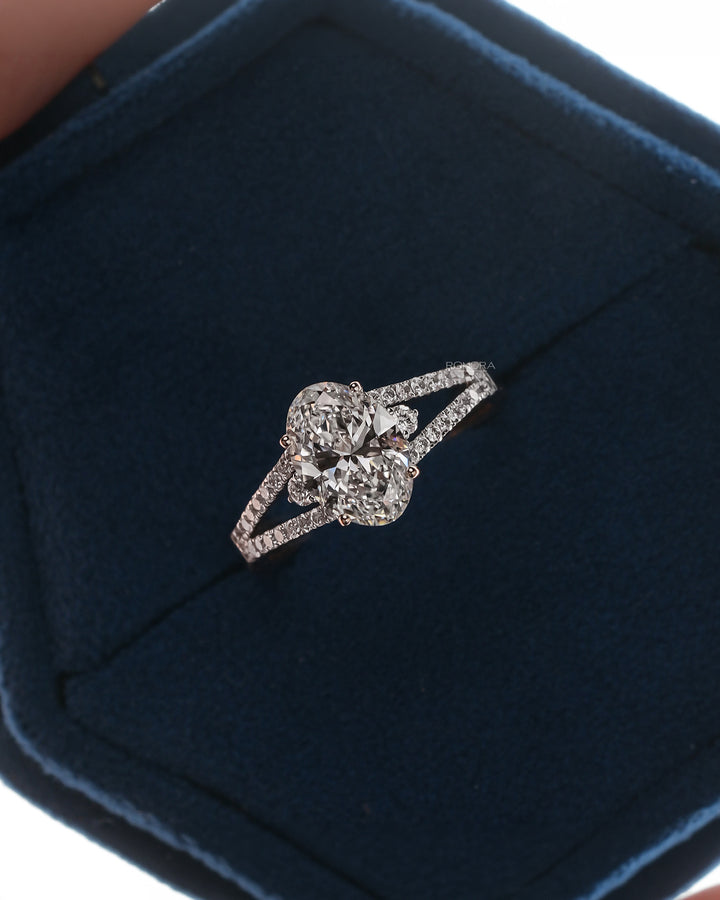 Florence oval lab grown diamond halo ring in white gold inside Ronora box