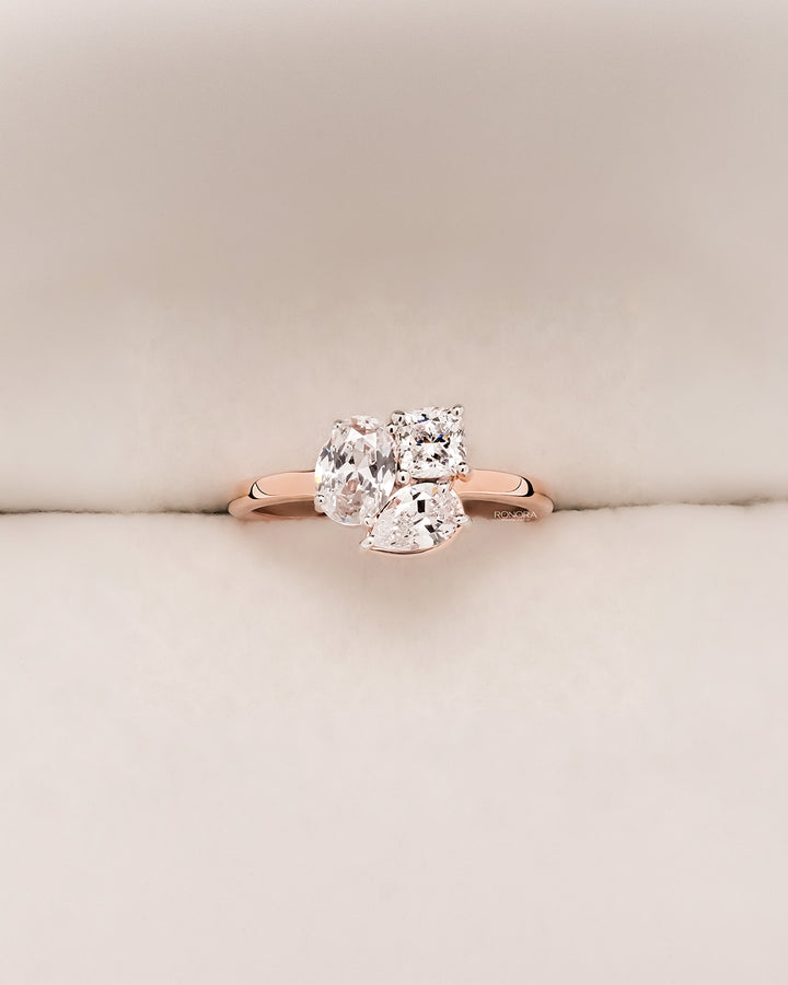 Celestine oval lab grown diamond cluster ring in rose gold inside Ronora box