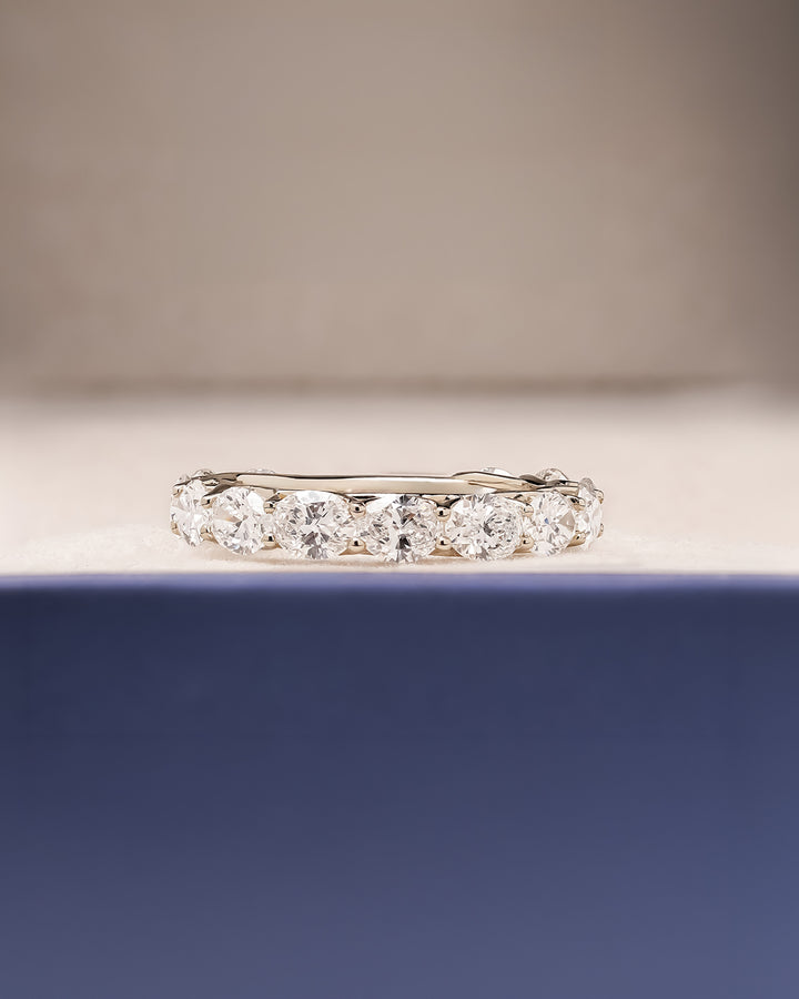 Margaux oval lab grown diamond eternity band in white gold inside Ronora box