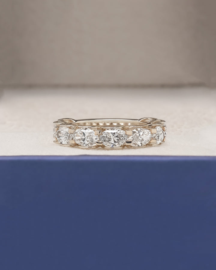 Yellow gold oval lab grown diamond eternity band in yellow gold inside Ronora box