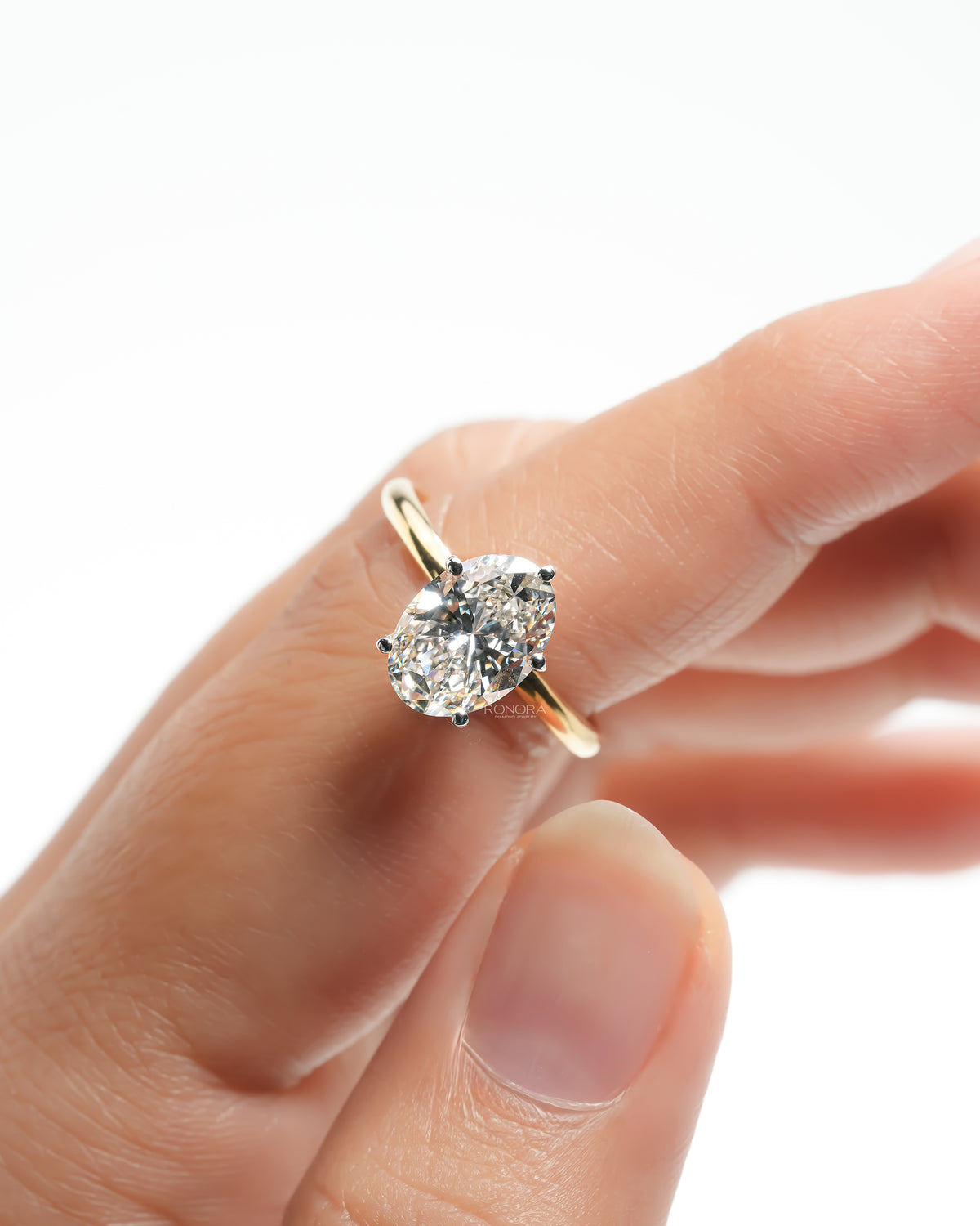 Oval lab grown diamond hidden halo ring in yellow gold on a finger, front view of the oval stone and prongs
