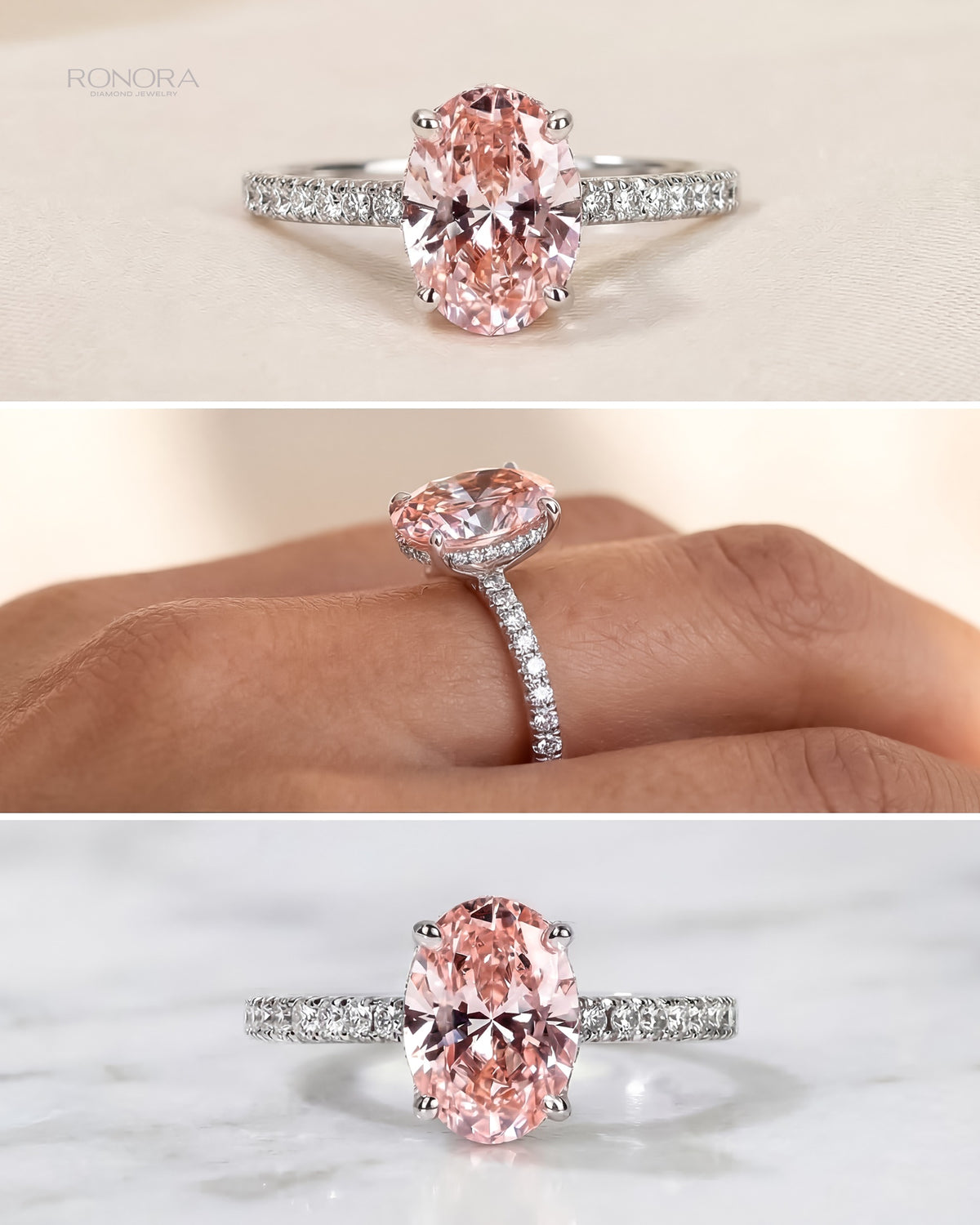 Pink oval lab grown diamond halo ring in white gold, collage of front view, on hand and on marble