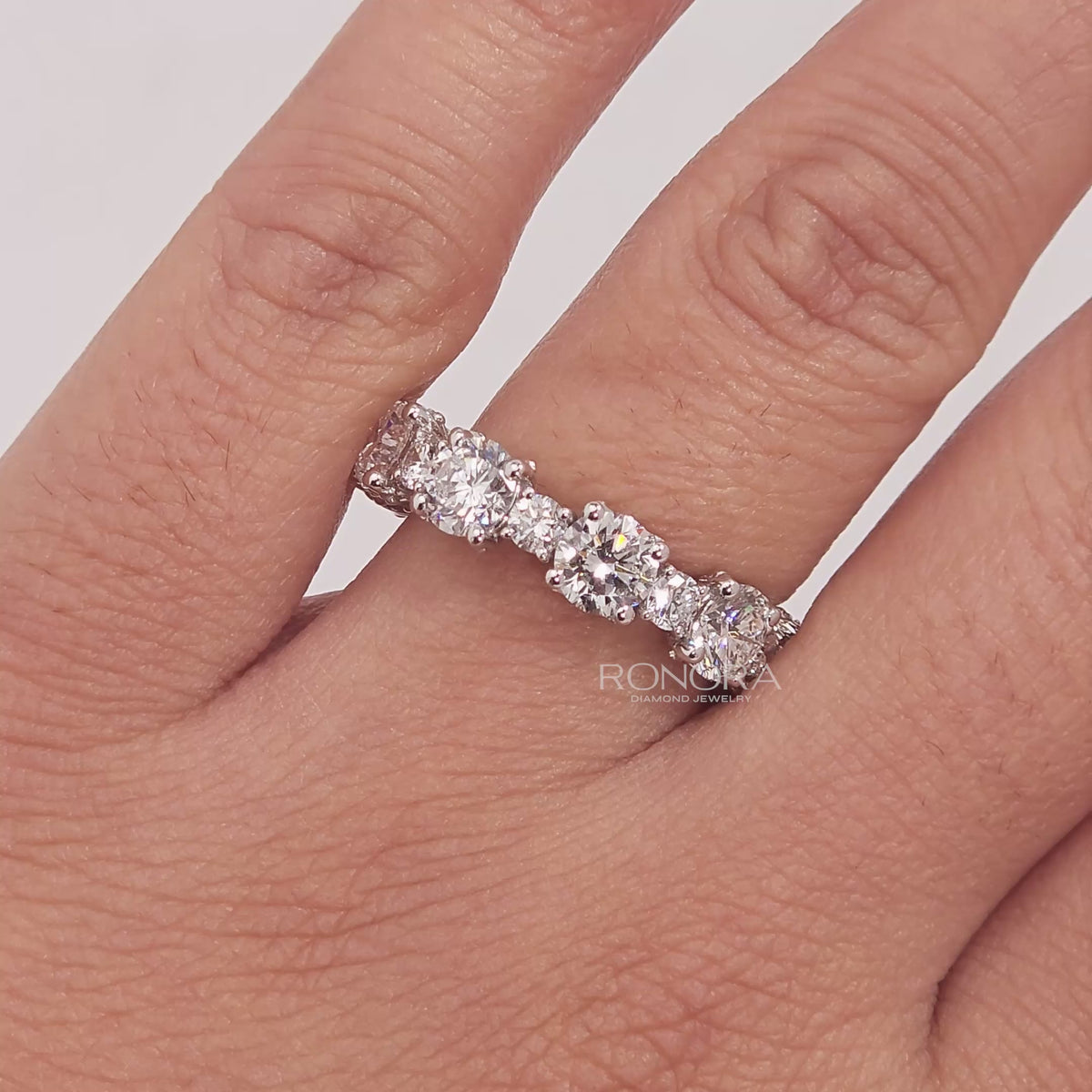 Close-up video of round lab grown diamond eternity band in white gold