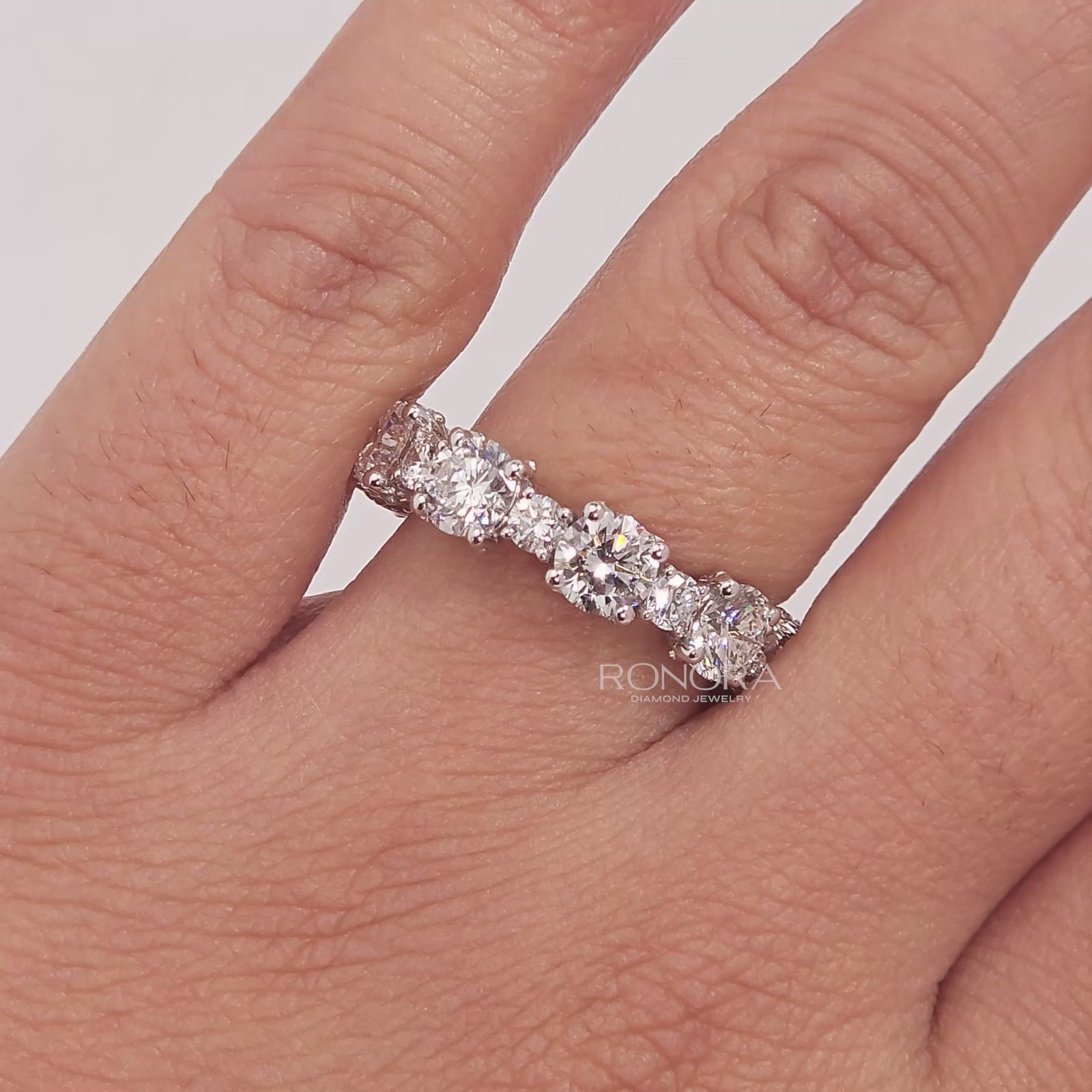 Close-up video of round lab grown diamond eternity band in white gold