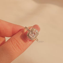 Close-up video of cushion moissanite halo ring in rose gold