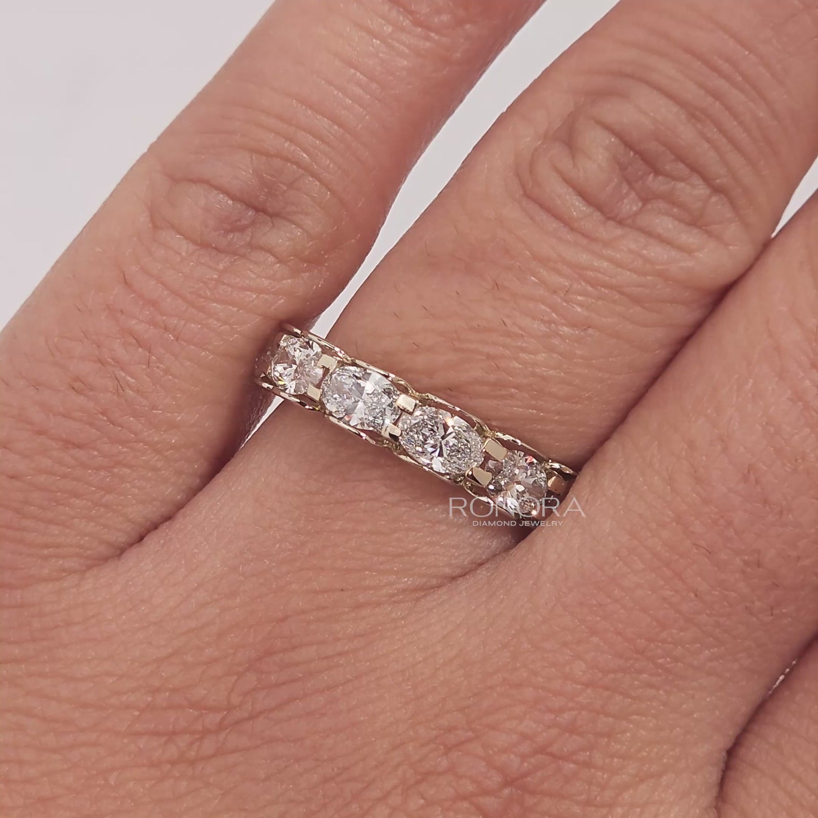 Close-up video of oval lab grown diamond eternity band in yellow gold