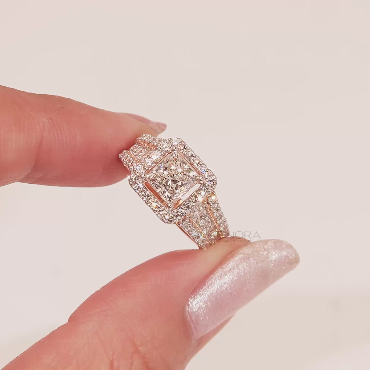 Close-up video of princess lab grown diamond halo ring in rose gold