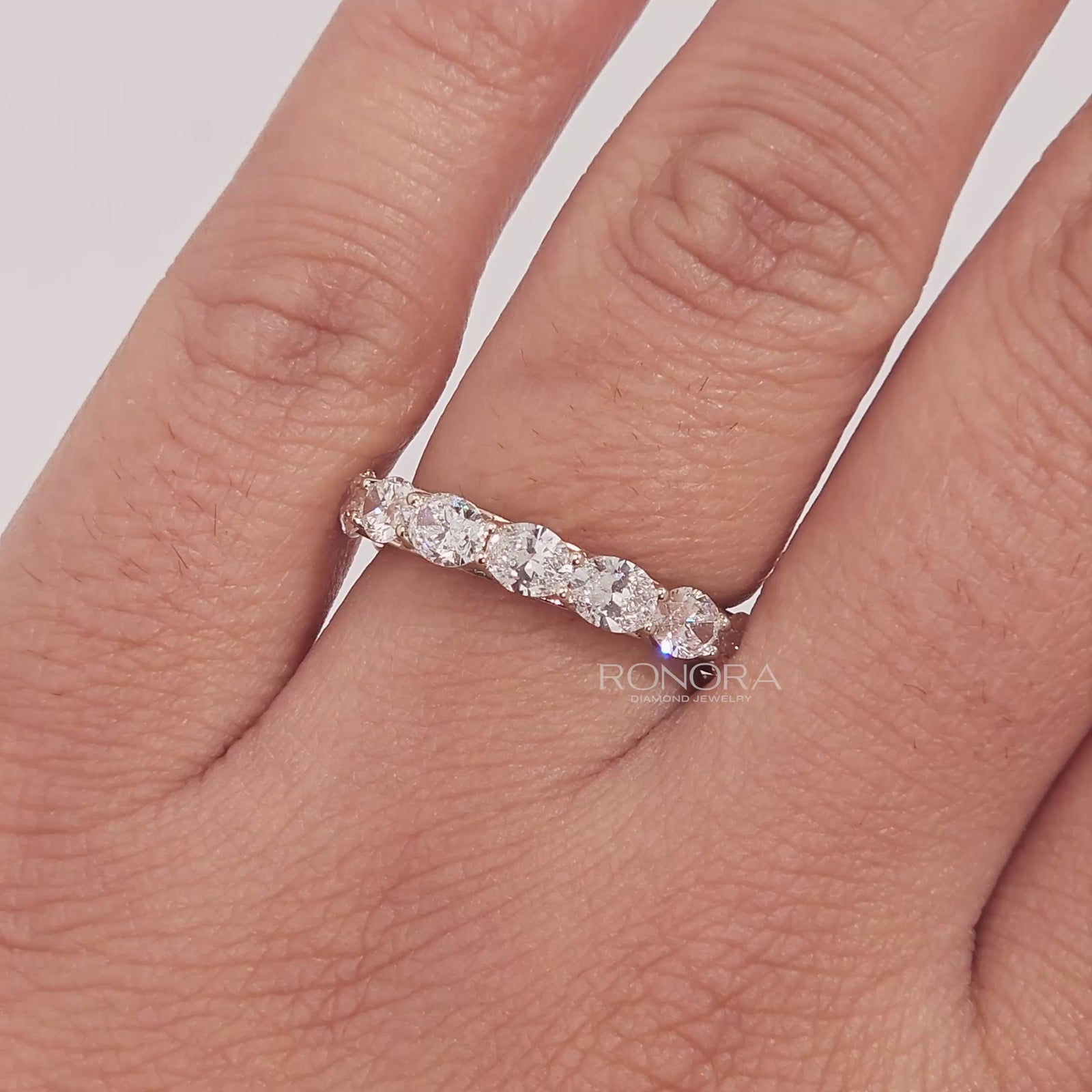Close-up video of oval lab grown diamond eternity band in white gold