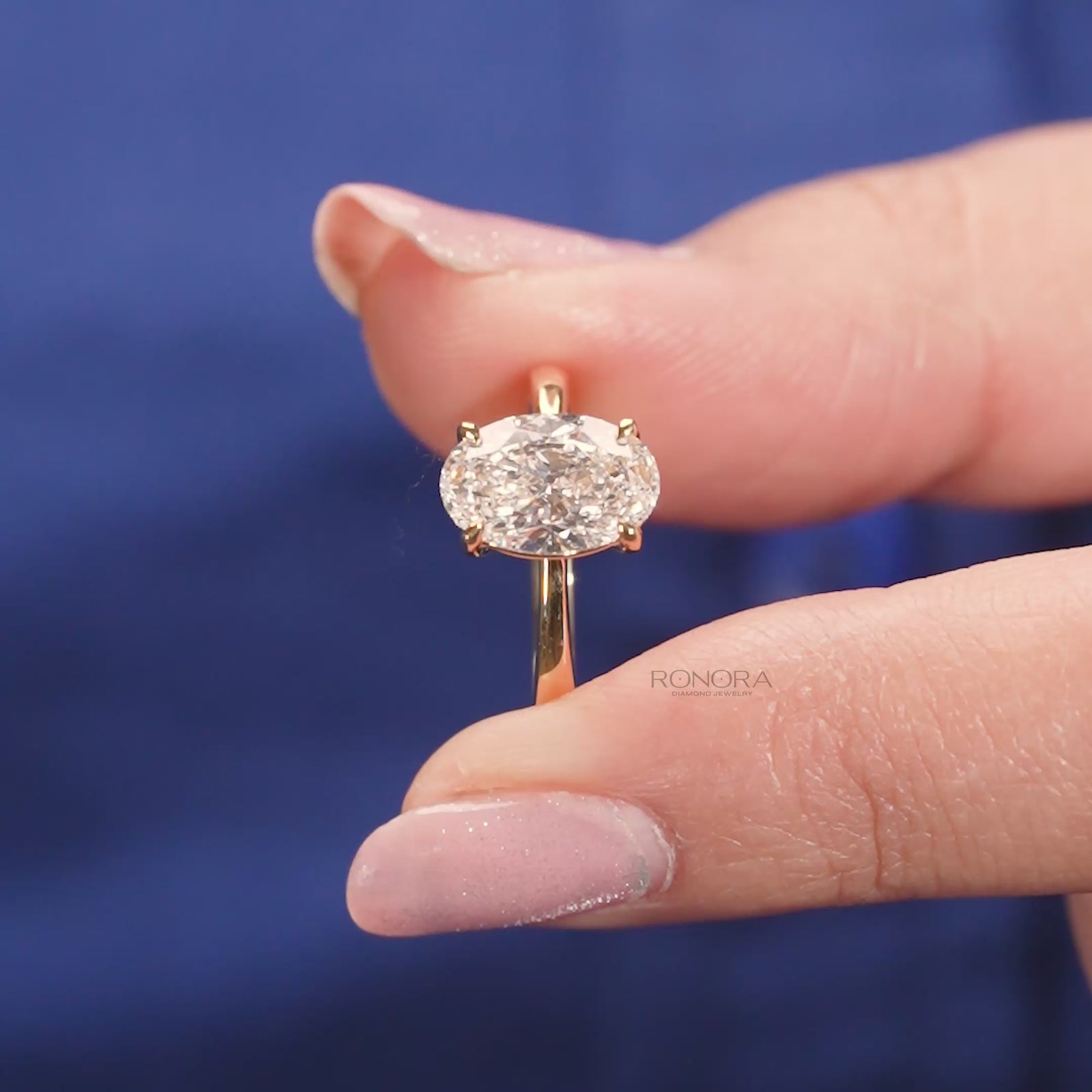 Close-up video of oval lab grown diamond solitaire ring in yellow gold