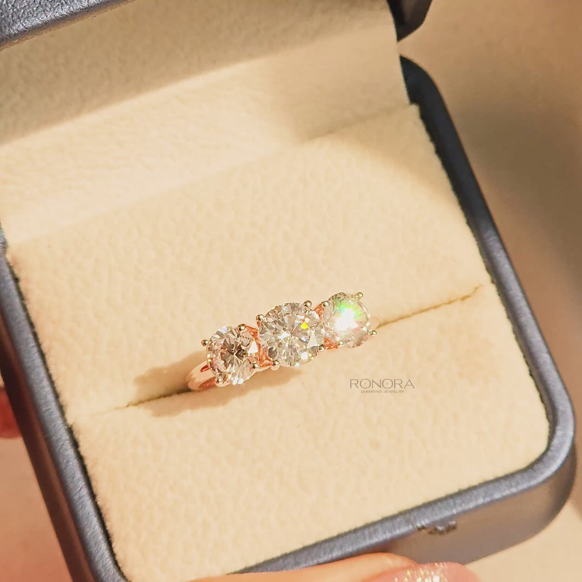 Close-up video of round lab grown diamond three-stone ring in rose gold