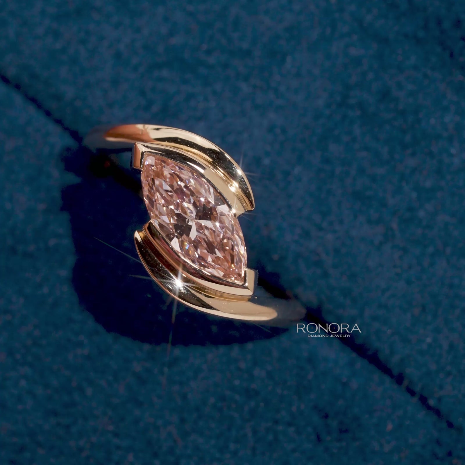 Close-up video of pink marquise lab grown diamond twist ring in rose gold