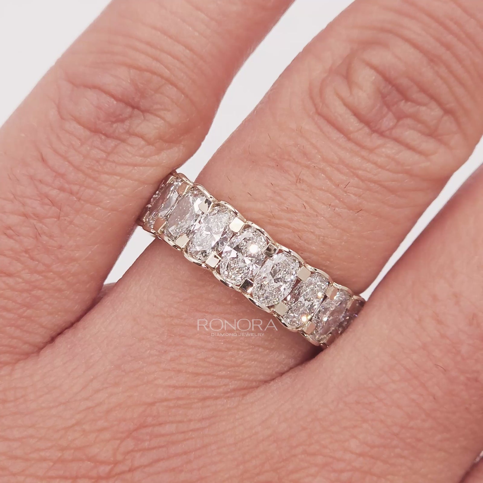 Close-up video of oval lab grown diamond eternity band in white gold