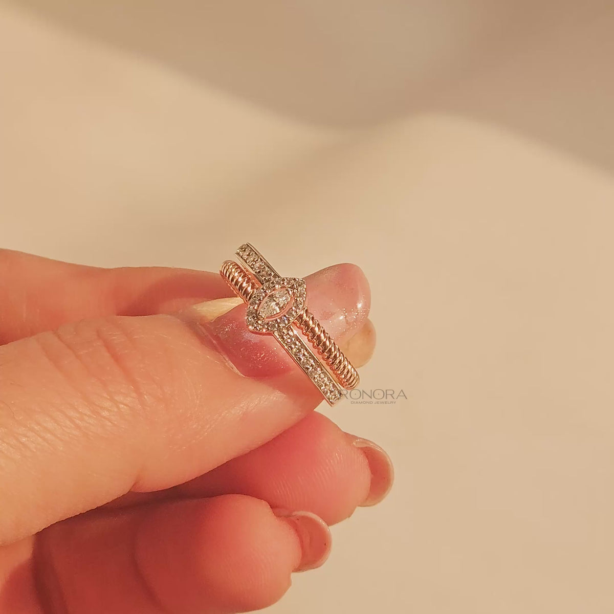 Close-up video of marquise lab grown diamond double pavé ring in rose gold
