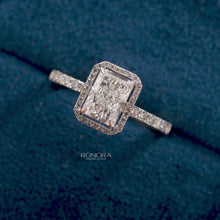 Close-up video of radiant lab grown diamond halo ring in white gold