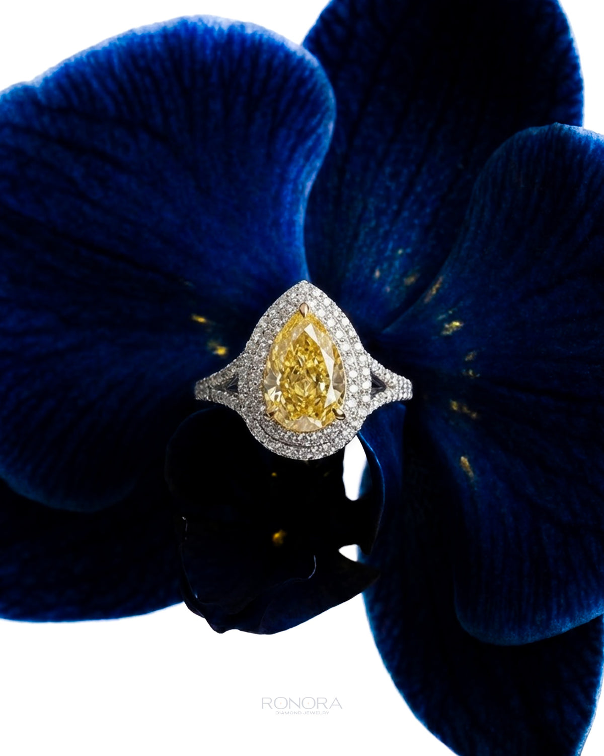 Yellow pear lab grown diamond double halo ring with a split shank, styled on a deep blue orchid flower